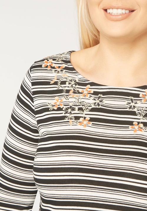 EVANS - Stripe Embroidery Detail Top Black and White