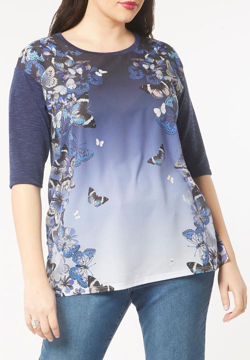 EVANS - Butterfly Print T-Shirt Mid Blue