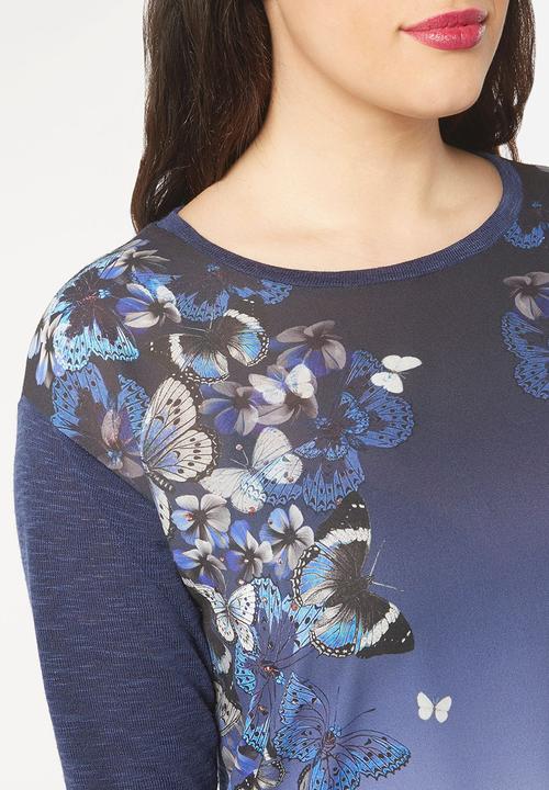EVANS - Butterfly Print T-Shirt Mid Blue