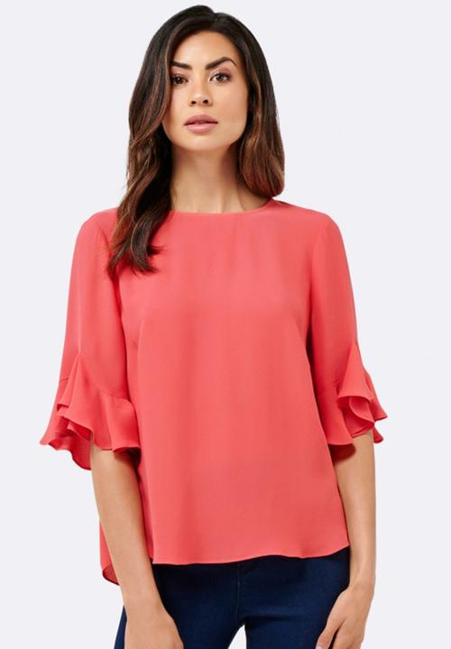 Forever New (Spree) - Lana Frill Sleeve Boxy Blouse Coral
