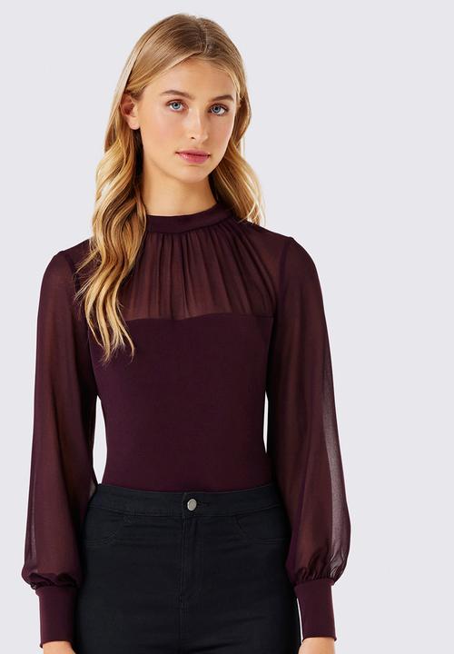 Forever New (Spree) - Joseline Sheer Yoke Bodysuit Dark Purple