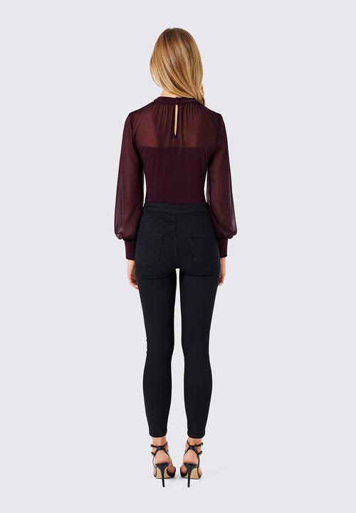 Forever New (Spree) - Joseline Sheer Yoke Bodysuit Dark Purple