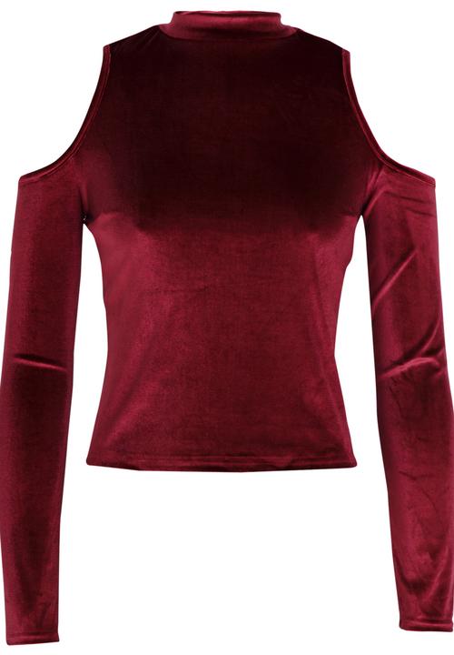 c(inch) - High Neck Cold Shoulder Top Burgundy