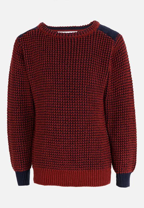 MINOTI - Mixed Knitted Jumper with Quilted Shoulder Panel Maroon
