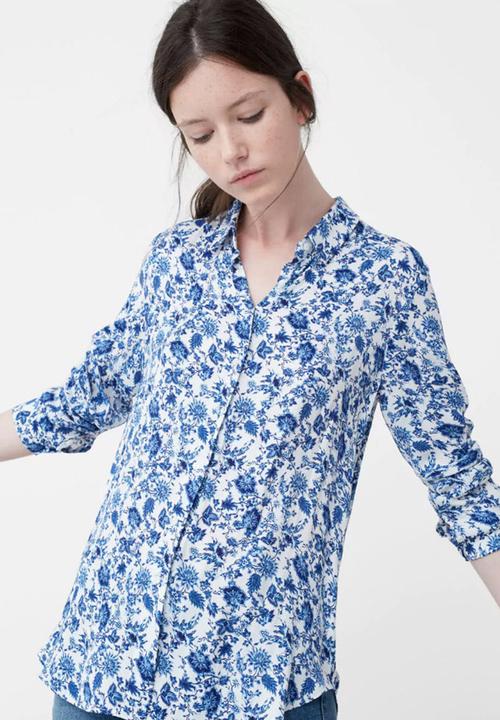 MANGO - Floral Print Shirt Blue and White