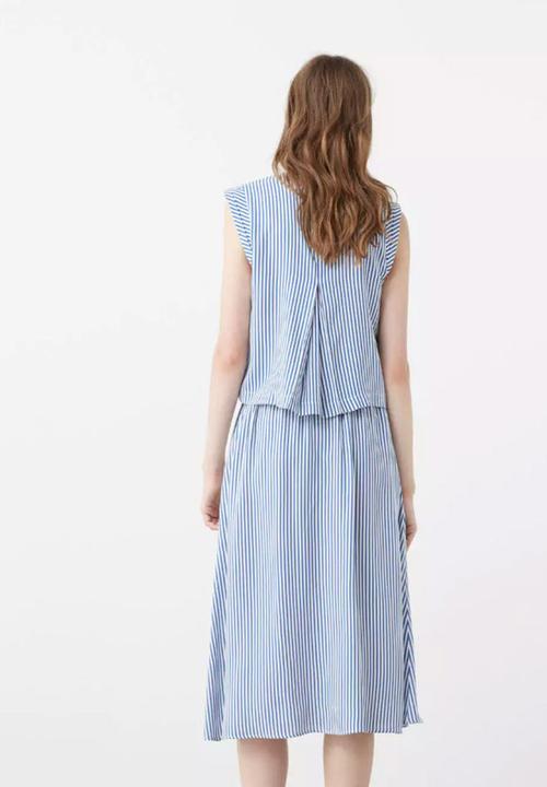 MANGO - Striped Button Detail Midi Skirt Blue and White