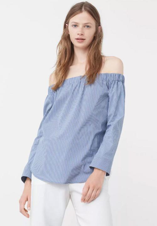 MANGO - Off-the-shoulder Striped Blouse with Button Detail Blue and White