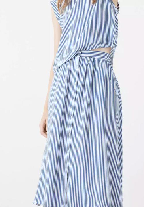 MANGO - Striped Button Detail Midi Skirt Blue and White