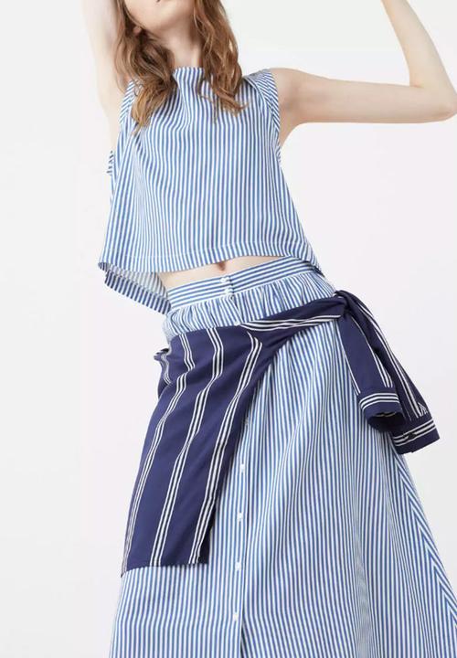 MANGO - Striped Button Detail Midi Skirt Blue and White