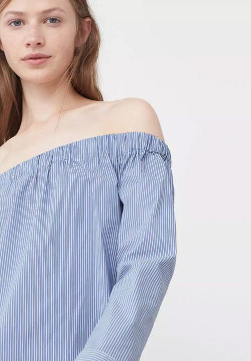 MANGO - Off-the-shoulder Striped Blouse with Button Detail Blue and White