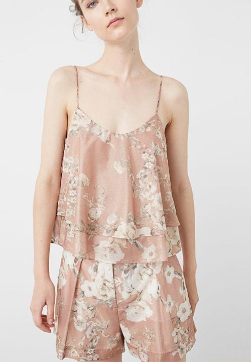 MANGO - Floral Print Frill Top Pale Pink