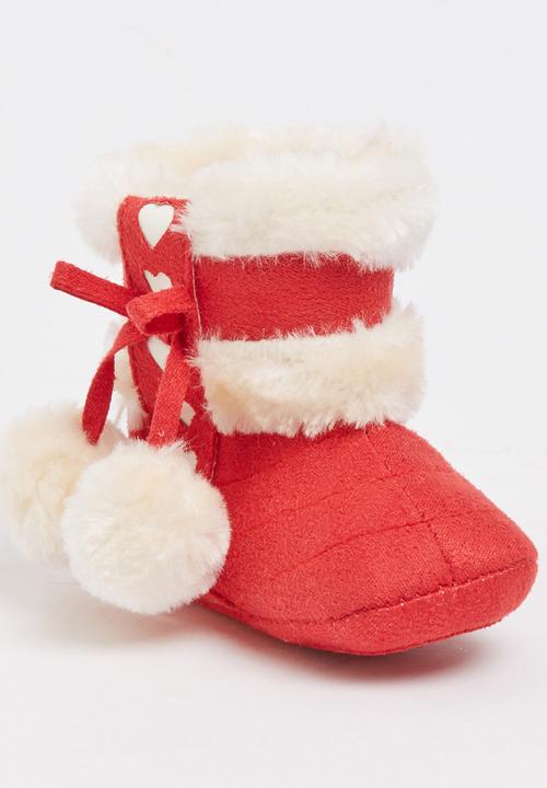 Pop Candy - Suede Boots With Pom Pom Detail Red
