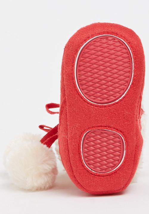 Pop Candy - Suede Boots With Pom Pom Detail Red