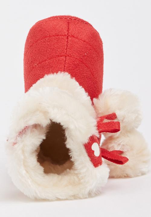 Pop Candy - Suede Boots With Pom Pom Detail Red