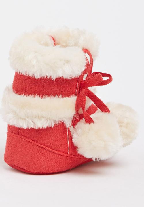 Pop Candy - Suede Boots With Pom Pom Detail Red