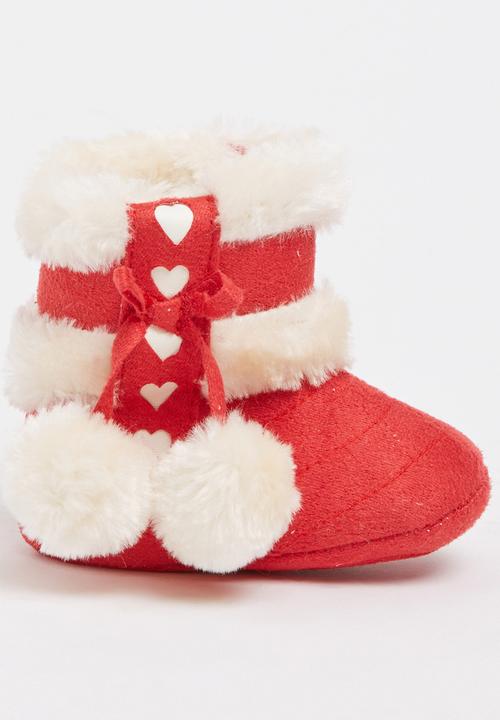 Pop Candy - Suede Boots With Pom Pom Detail Red