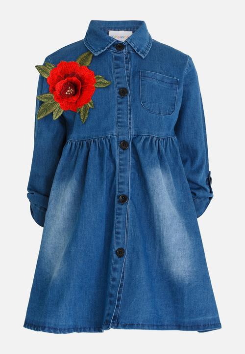 Pop Candy - Denim Dress with Embroidered Flower Blue