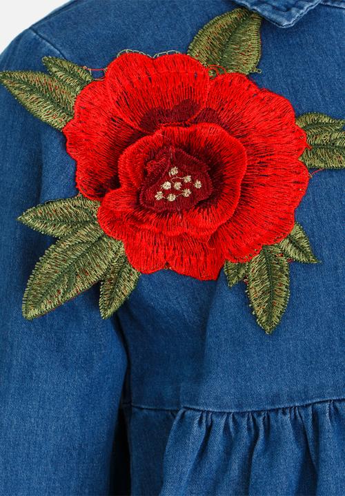 Pop Candy - Denim Dress with Embroidered Flower Blue