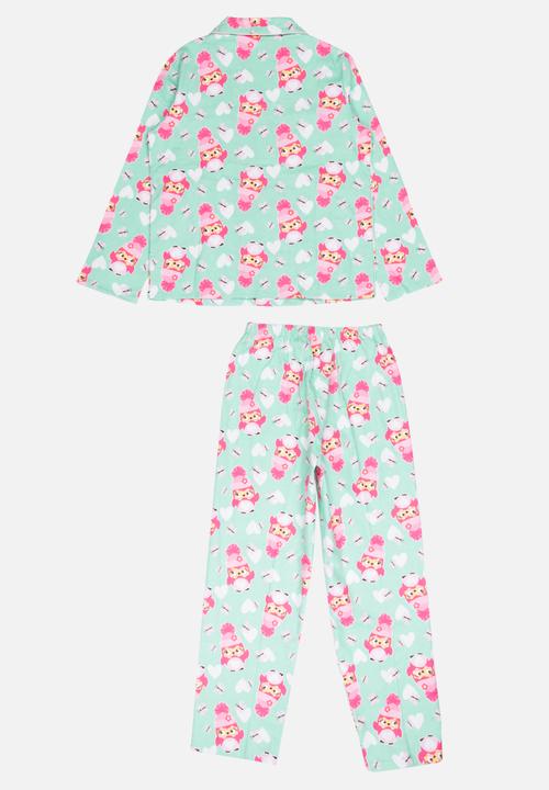 Pop Candy - Printed Flannel PJ Set -Mint/pink