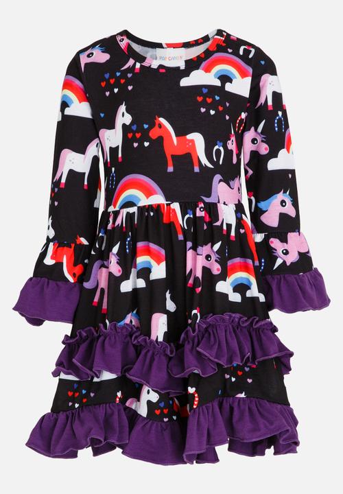 Pop Candy - Long Sleeve Printed Dress with Frills Dark Purple