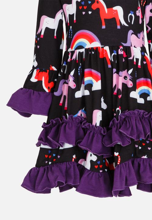 Pop Candy - Long Sleeve Printed Dress with Frills Dark Purple