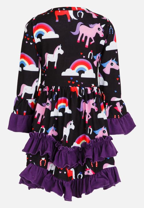 Pop Candy - Long Sleeve Printed Dress with Frills Dark Purple