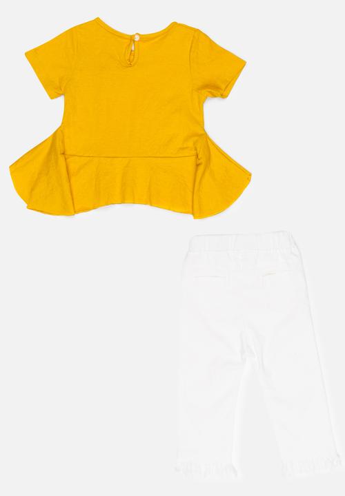 Pop Candy - Blouse with 3/4 pant set - yellow & white