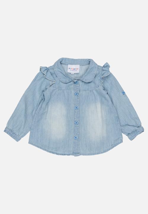 Pop Candy - Long Sleeve Denim Blouse Pale Blue