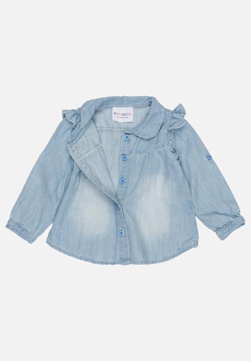 Pop Candy - Long Sleeve Denim Blouse Pale Blue
