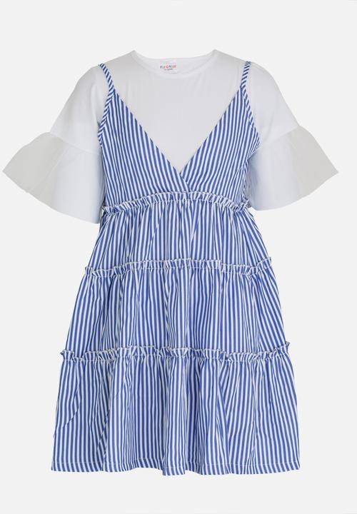 Pop Candy - Tiered Stripe Dress Blue
