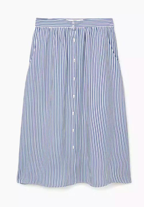 MANGO - Striped Button Detail Midi Skirt Blue and White