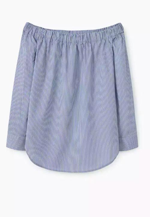 MANGO - Off-the-shoulder Striped Blouse with Button Detail Blue and White