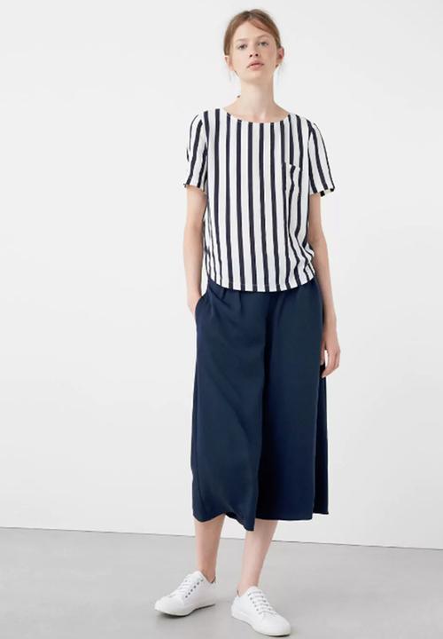 MANGO - Striped Chest-pocket Blouse Blue and White