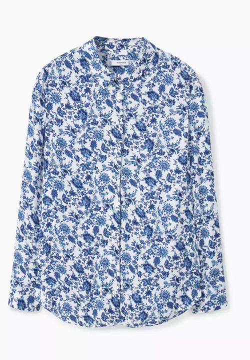 MANGO - Floral Print Shirt Blue and White