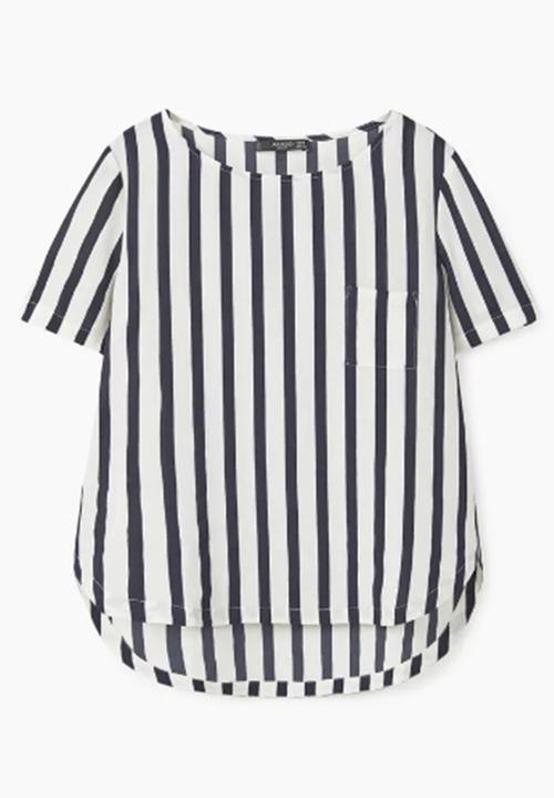MANGO - Striped Chest-pocket Blouse Blue and White