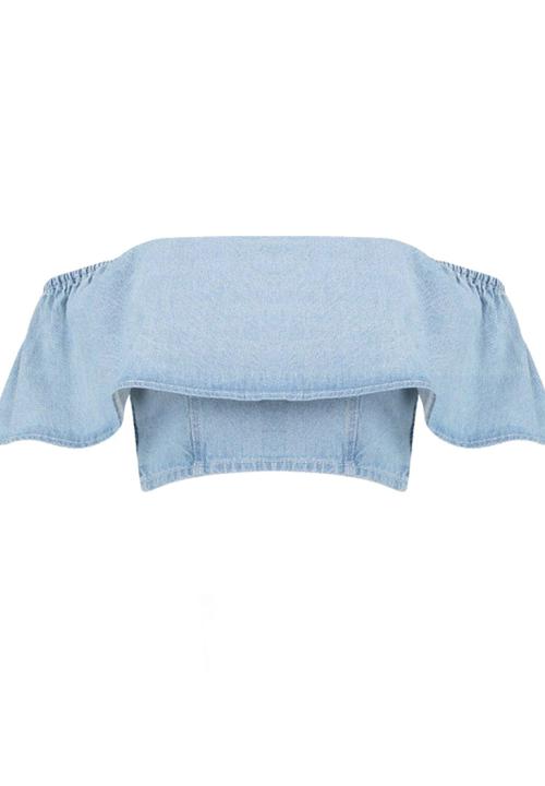 BoohooDNU - Denim Ruffle Off The Shoulder Top Blue