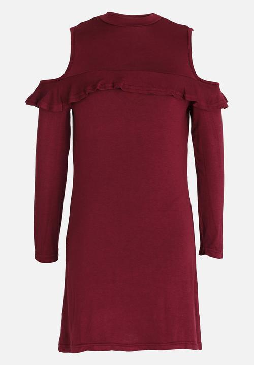 Rebel Republic - Long Sleeve Cold Shoulder Dress Burgundy
