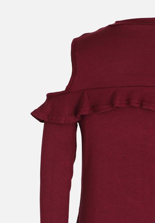 Rebel Republic - Long Sleeve Cold Shoulder Dress Burgundy