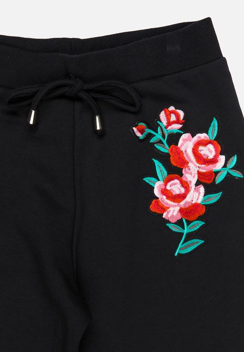 Rebel Republic - Flower Embroidered Pants Black