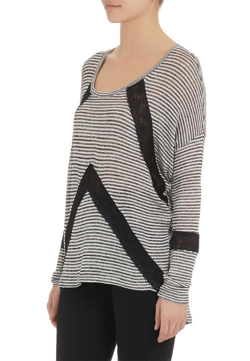 SASS - Striped knit top with lace insets Black/White