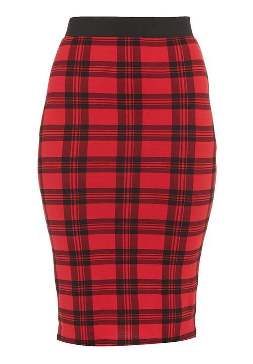 London Hub - Tartan check pencil skirt Red