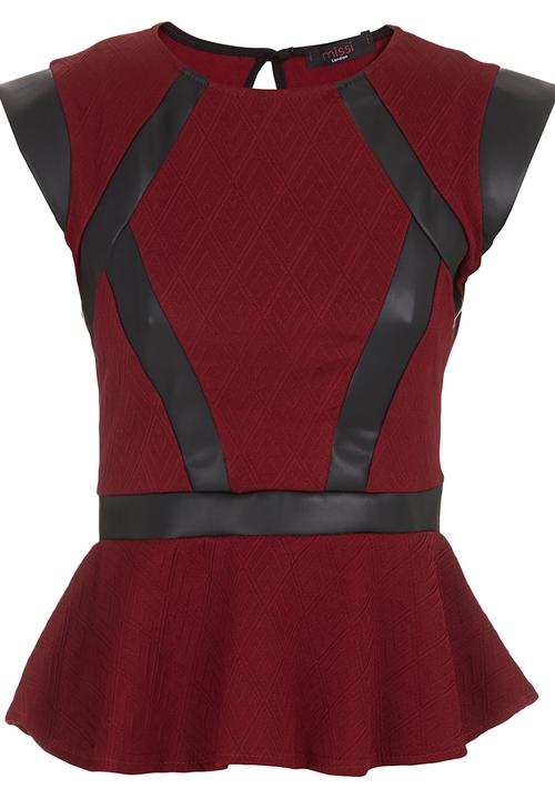 London Hub - Jacquard peplum top with leatherette panels Red