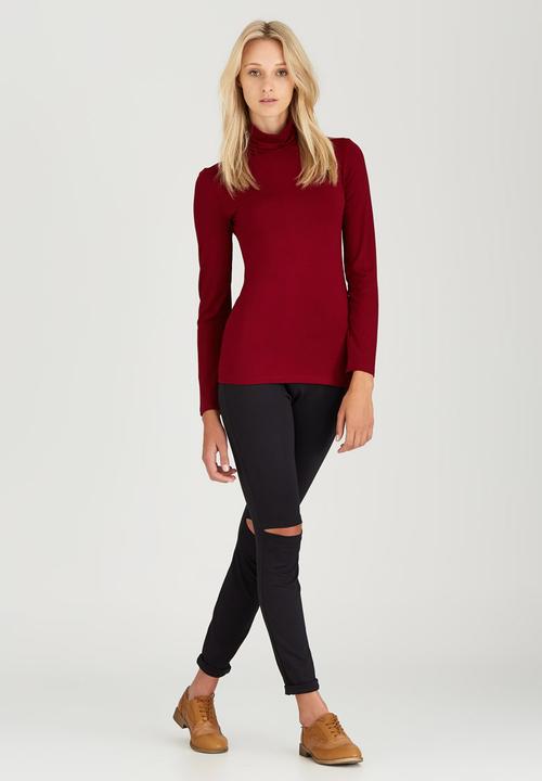 c(inch) - Long Sleeve Polo Neck Top Dark Red
