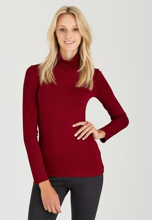 c(inch) - Long Sleeve Polo Neck Top Dark Red