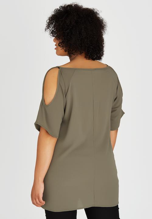 edit Plus - Cold Shoulder Tunic Khaki Green
