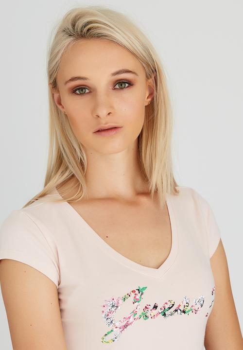 GUESS - Botanical Script V-neck Tee Pale Pink