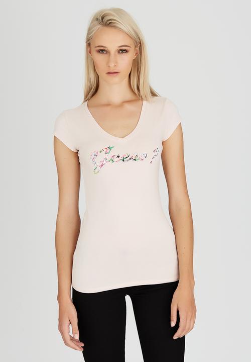 GUESS - Botanical Script V-neck Tee Pale Pink
