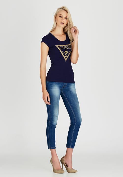 GUESS - Embellished Logo V-neck Tee Dark Blue