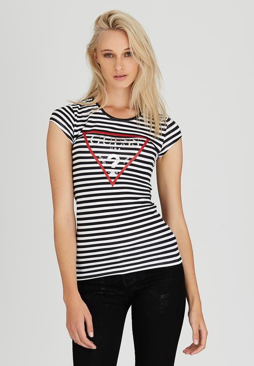 GUESS - Classic Striped Logo Tee Black and White