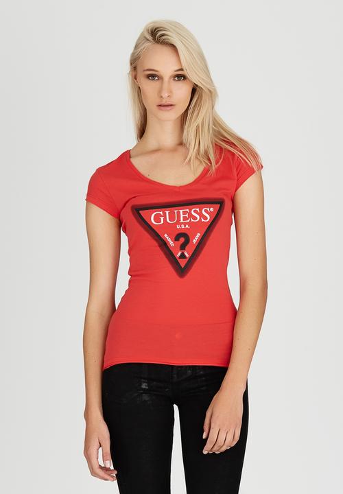 GUESS - Bleach V-neck Logo Tee Coral